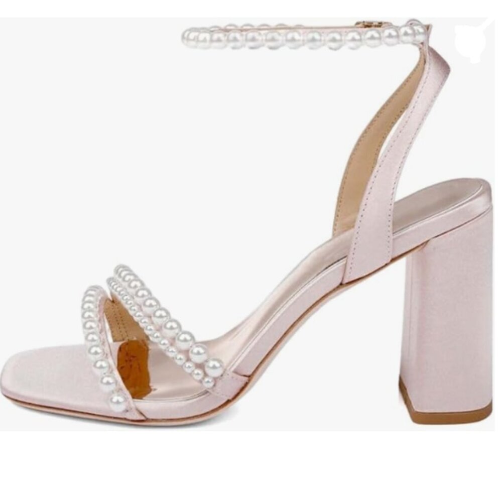 Sakura Pink Pearl Strappy Bridal Open Toe Block High Heels Ankle Strap Sandals